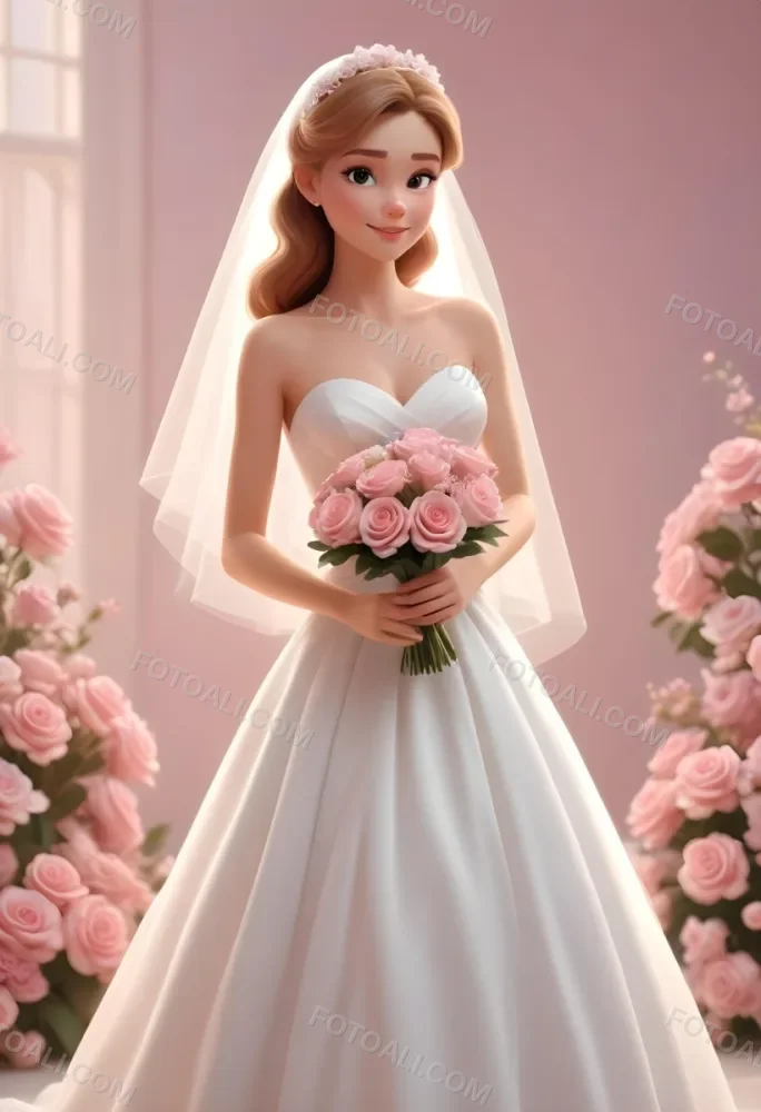 Young Caucasian Woman In Her 20s With Light Brown Hair Wearing A Strapless White Wedding Dress And A Veil Holding A Bouquet Of Pink Flowers The Background Is Bright And Softly Lit 3 0f9a