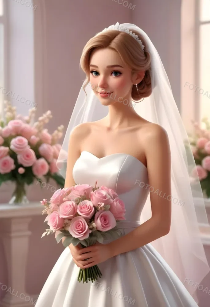 Young Caucasian Woman In Her 20s With Light Brown Hair Wearing A Strapless White Wedding Dress And A Veil Holding A Bouquet Of Pink Flowers The Background Is Bright And Softly Lit 4 F96e