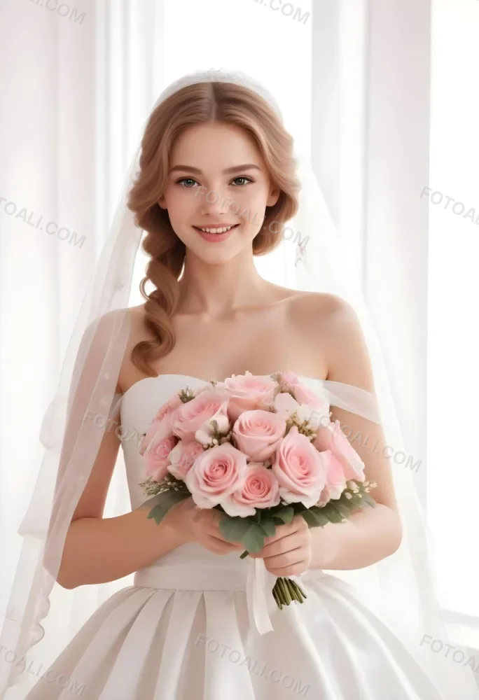 Young Caucasian Woman In Her 20s With Light Brown Hair Wearing A Strapless White Wedding Dress And A Veil Holding A Bouquet Of Pink Flowers The Background Is Bright And Softly Lit 5 8c79