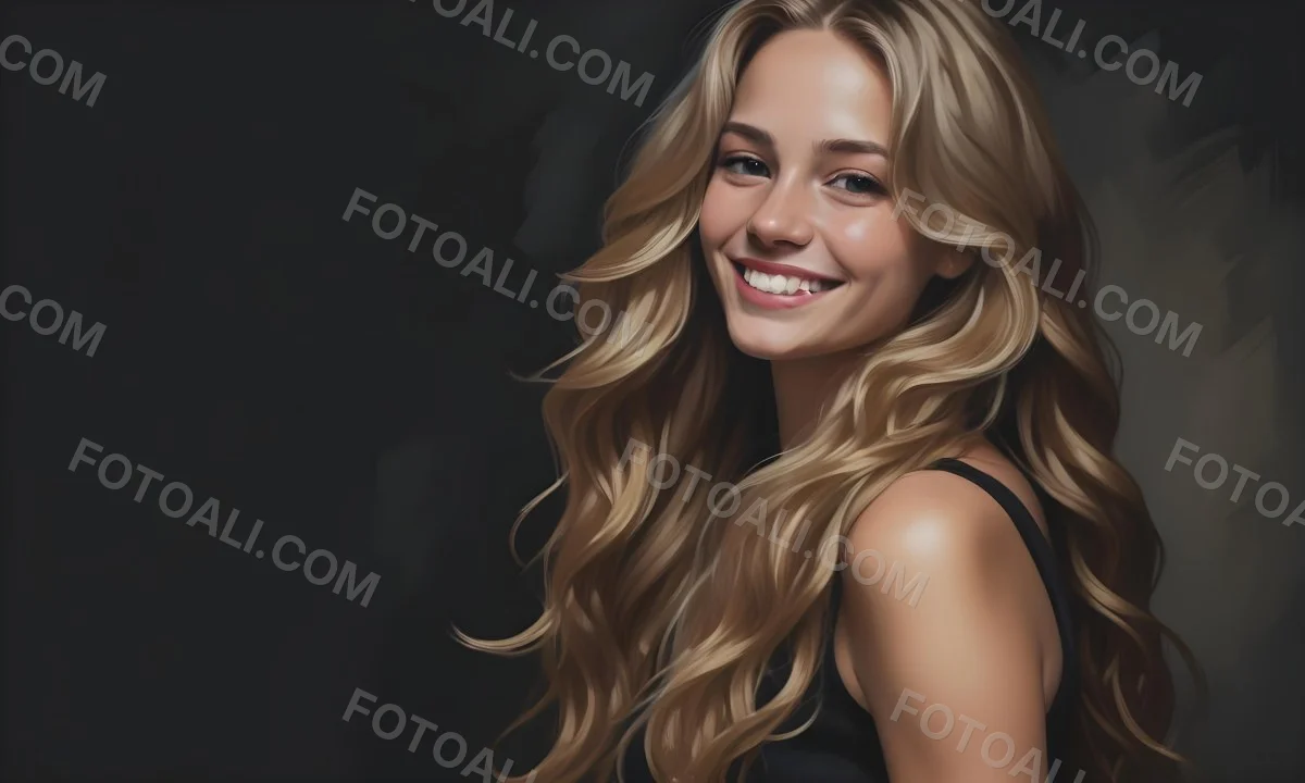 Young Caucasian Woman With Long Wavy Blonde Hair And Dark Skin Smiling Softly She Is Wearing A Black Top And Is Positioned Against A Dark Background 29 Fcfb