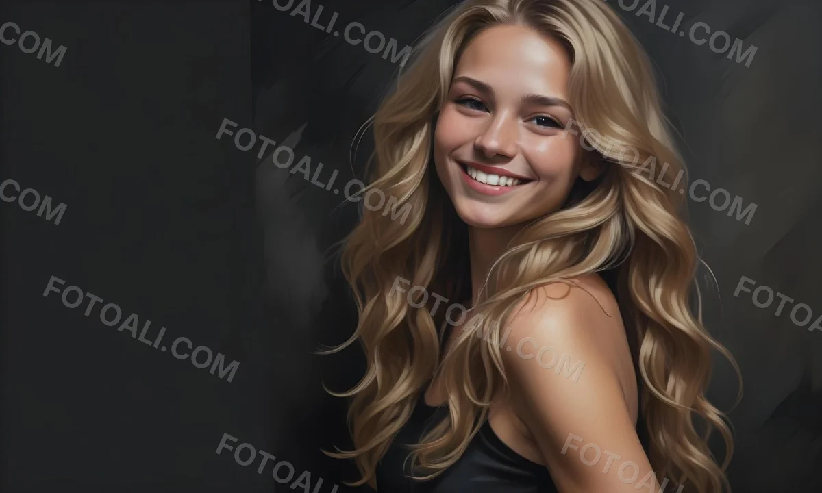 Young Caucasian Woman With Long Wavy Blonde Hair And Dark Skin Smiling Softly She Is Wearing A Black Top And Is Positioned Against A Dark Background 34 A086