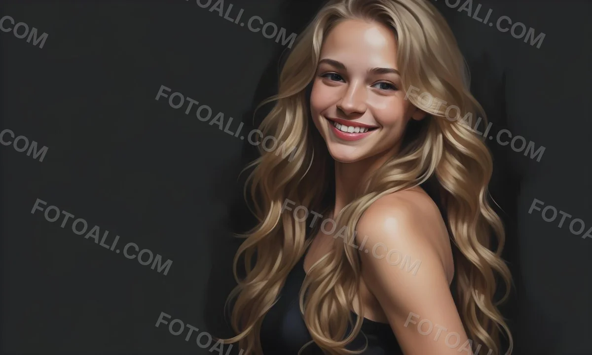 Young Caucasian Woman With Long Wavy Blonde Hair And Dark Skin Smiling Softly She Is Wearing A Black Top And Is Positioned Against A Dark Background 38 6b32