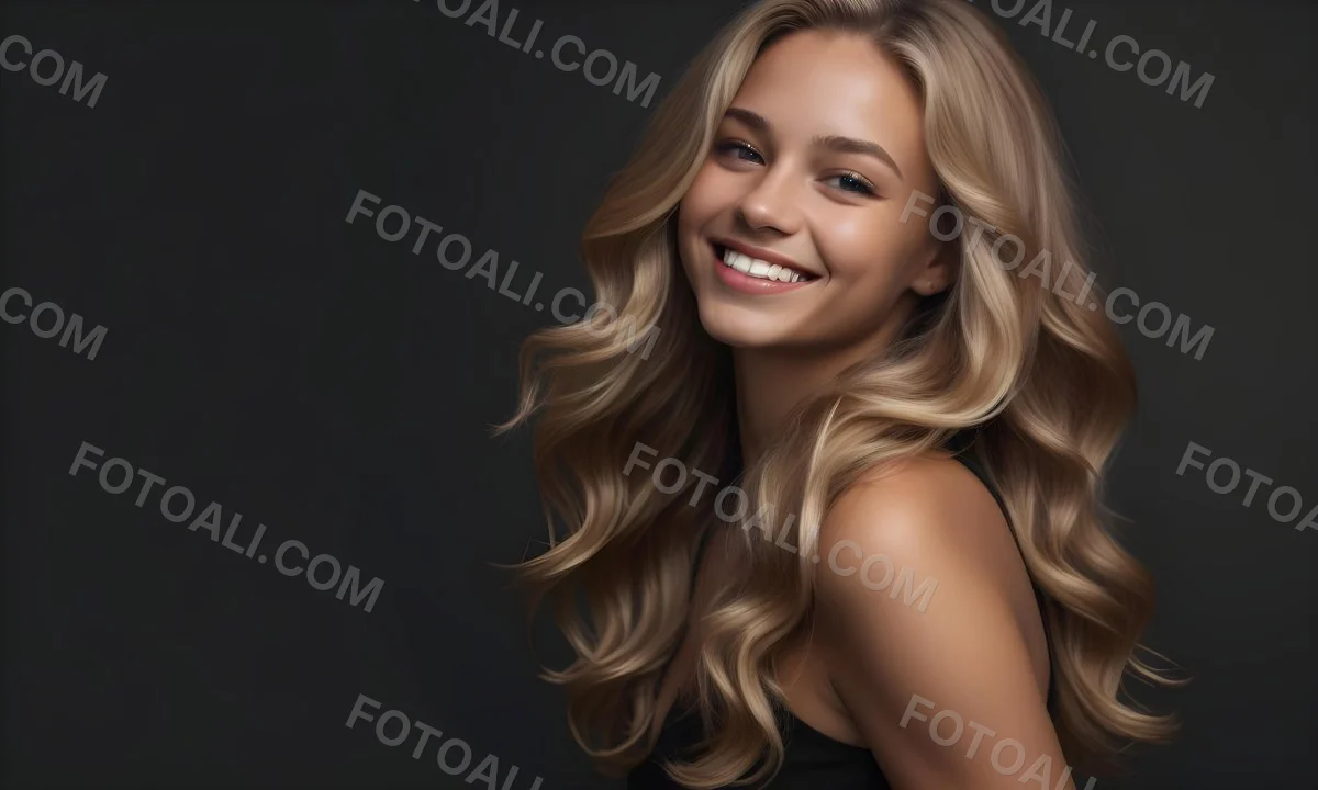Young Caucasian Woman With Long Wavy Blonde Hair And Dark Skin Smiling Softly She Is Wearing A Black Top And Is Positioned Against A Dark Background 57 7583