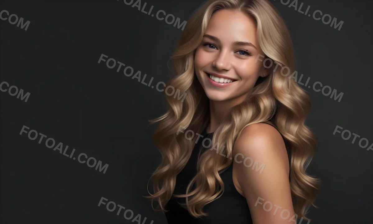 Young Caucasian Woman With Long Wavy Blonde Hair And Dark Skin Smiling Softly She Is Wearing A Black Top And Is Positioned Against A Dark Background 60 B05a