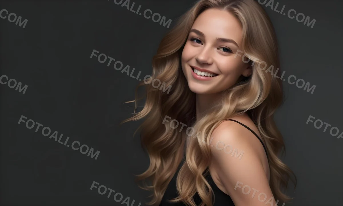 Young Caucasian Woman With Long Wavy Blonde Hair And Dark Skin Smiling Softly She Is Wearing A Black Top And Is Positioned Against A Dark Background 64 D35a