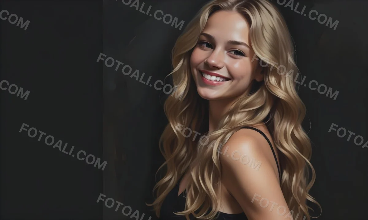 Young Caucasian Woman With Long Wavy Blonde Hair And Dark Skin Smiling Softly She Is Wearing A Black Top And Is Positioned Against A Dark Background 7 56fb