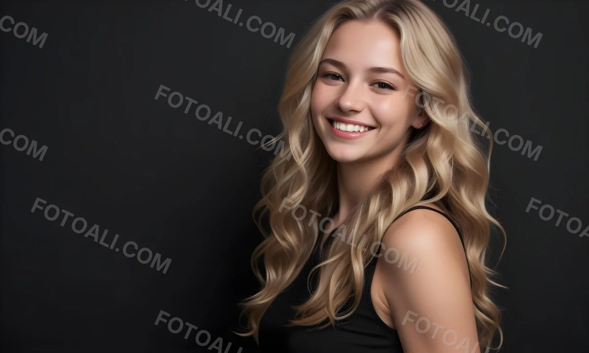 Young Caucasian Woman With Long Wavy Blonde Hair And Dark Skin Smiling Softly She Is Wearing A Black Top And Is Positioned Against A Dark Background 78 D974