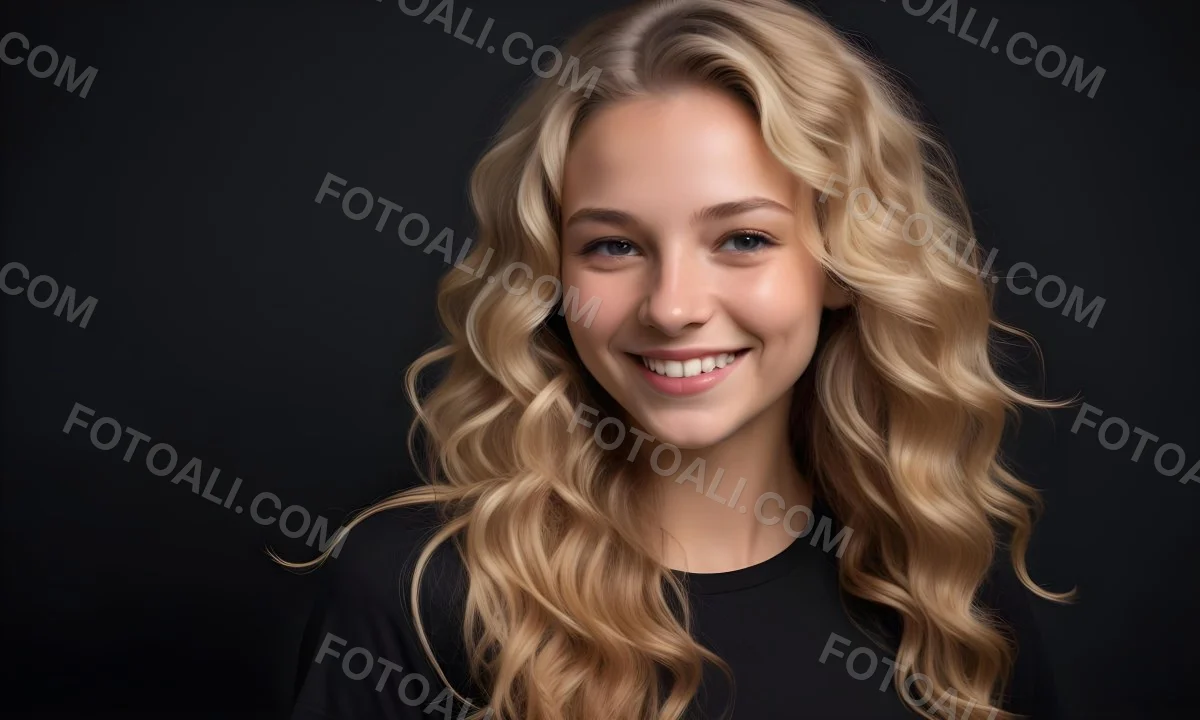Young Caucasian Woman With Long Wavy Blonde Hair And Dark Skin Smiling Softly She Is Wearing A Black Top And Is Positioned Against A Dark Background 81 9931