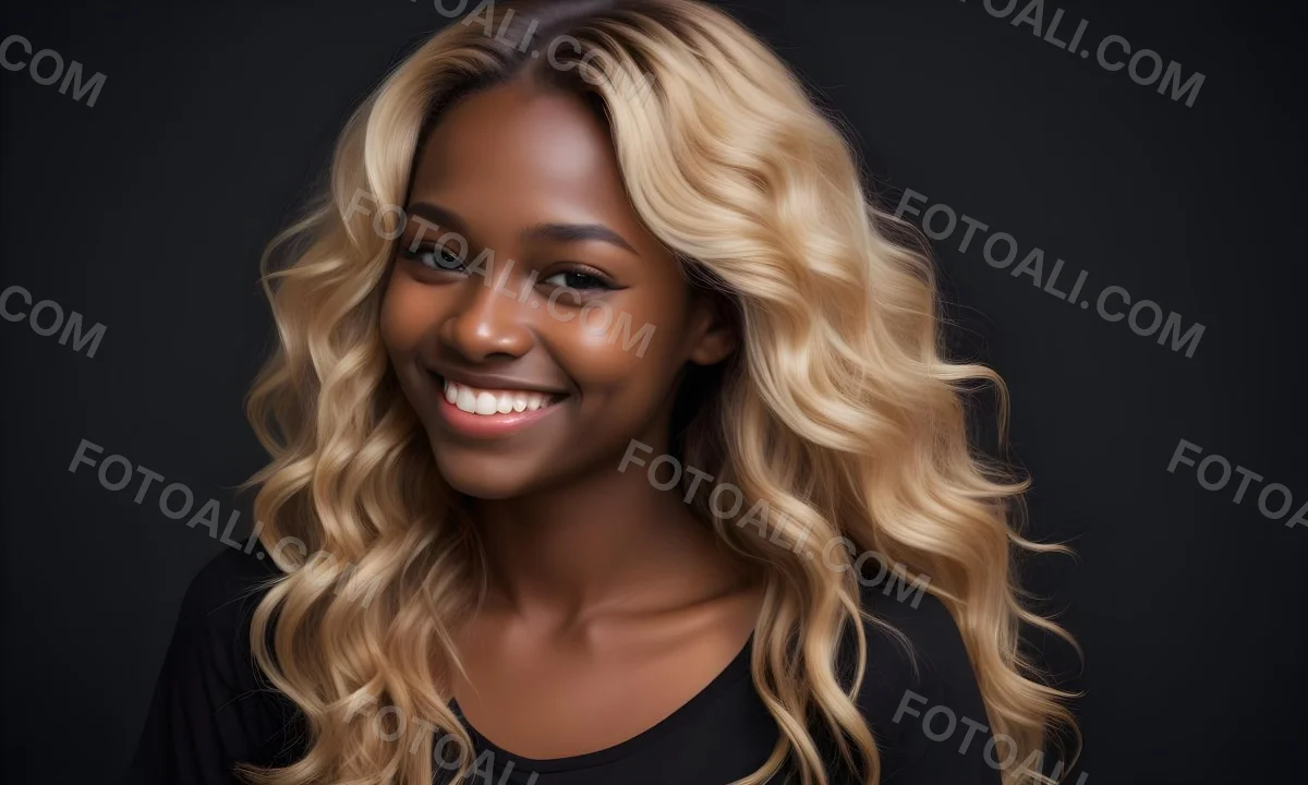 Young Caucasian Woman With Long Wavy Blonde Hair And Dark Skin Smiling Softly She Is Wearing A Black Top And Is Positioned Against A Dark Background 82 990a