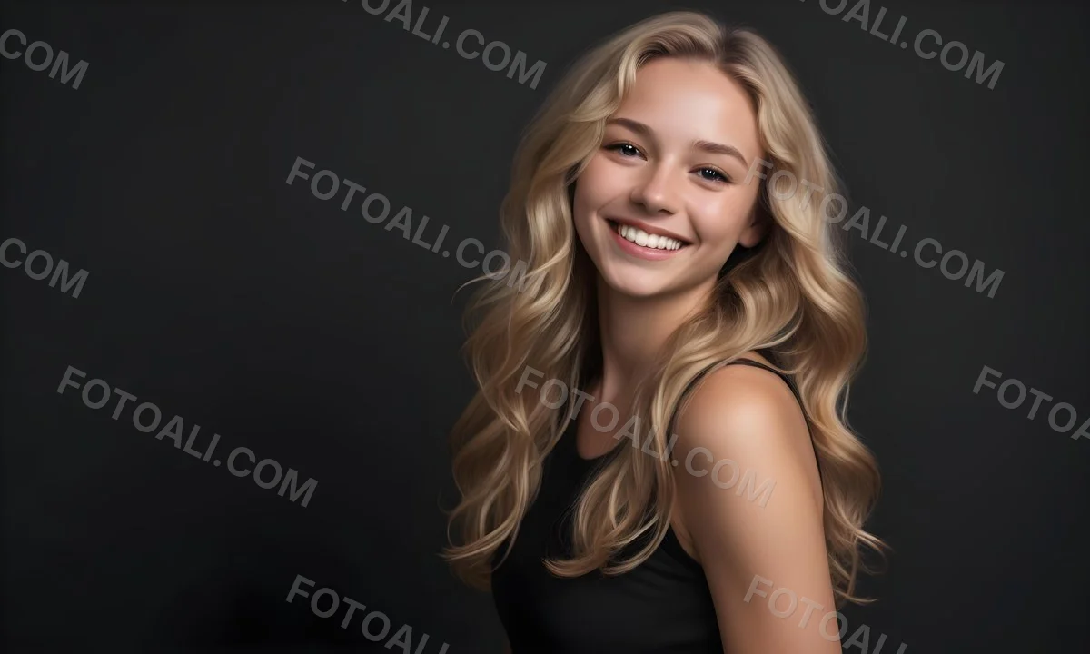 Young Caucasian Woman With Long Wavy Blonde Hair And Dark Skin Smiling Softly She Is Wearing A Black Top And Is Positioned Against A Dark Background 83 C89b
