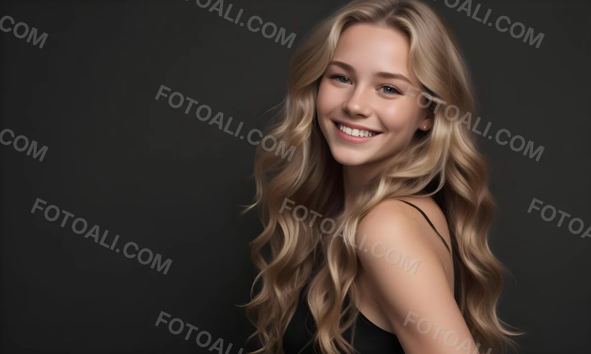 Young Caucasian Woman With Long Wavy Blonde Hair And Dark Skin Smiling Softly She Is Wearing A Black Top And Is Positioned Against A Dark Background 84 18be