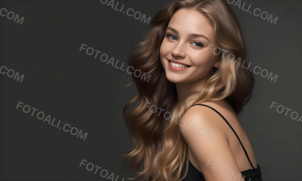 Young Caucasian Woman With Long Wavy Blonde Hair And Dark Skin Smiling Softly She Is Wearing A Black Top And Is Positioned Against A Dark Background 85 E376