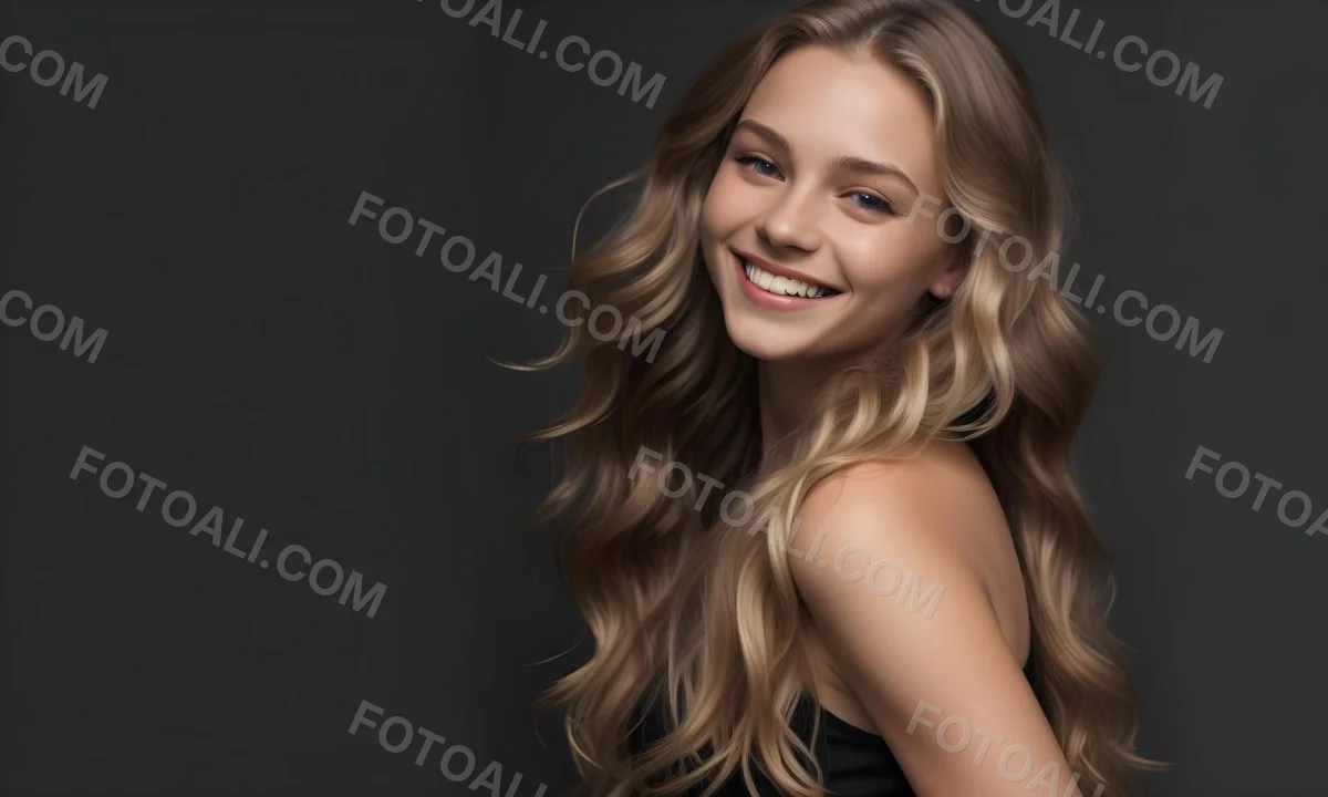 Young Caucasian Woman With Long Wavy Blonde Hair And Dark Skin Smiling Softly She Is Wearing A Black Top And Is Positioned Against A Dark Background 86 143a