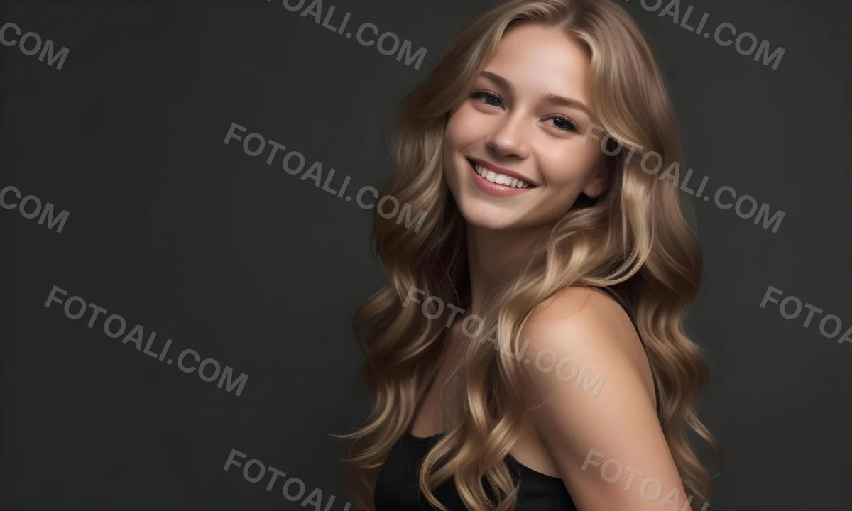 Young Caucasian Woman With Long Wavy Blonde Hair And Dark Skin Smiling Softly She Is Wearing A Black Top And Is Positioned Against A Dark Background 87 8be3