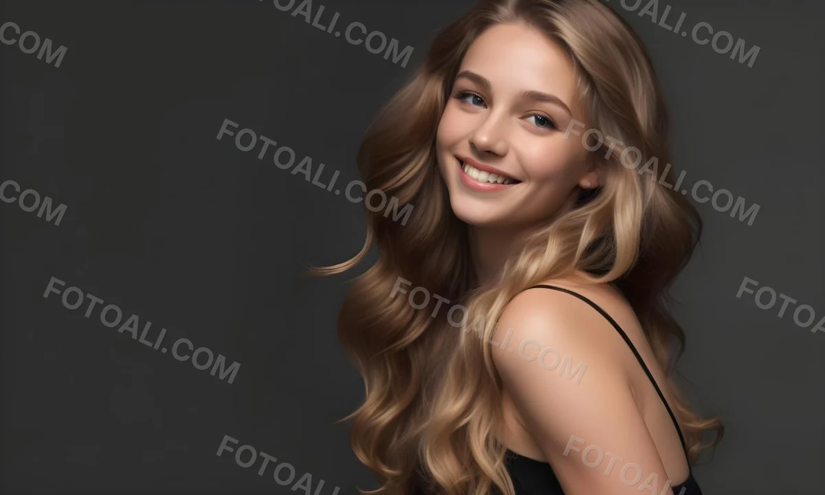 Young Caucasian Woman With Long Wavy Blonde Hair And Dark Skin Smiling Softly She Is Wearing A Black Top And Is Positioned Against A Dark Background 88 B460