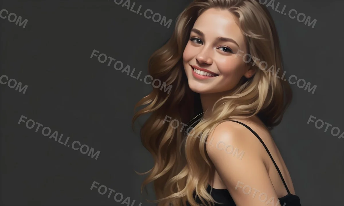 Young Caucasian Woman With Long Wavy Blonde Hair And Dark Skin Smiling Softly She Is Wearing A Black Top And Is Positioned Against A Dark Background 9 56a8