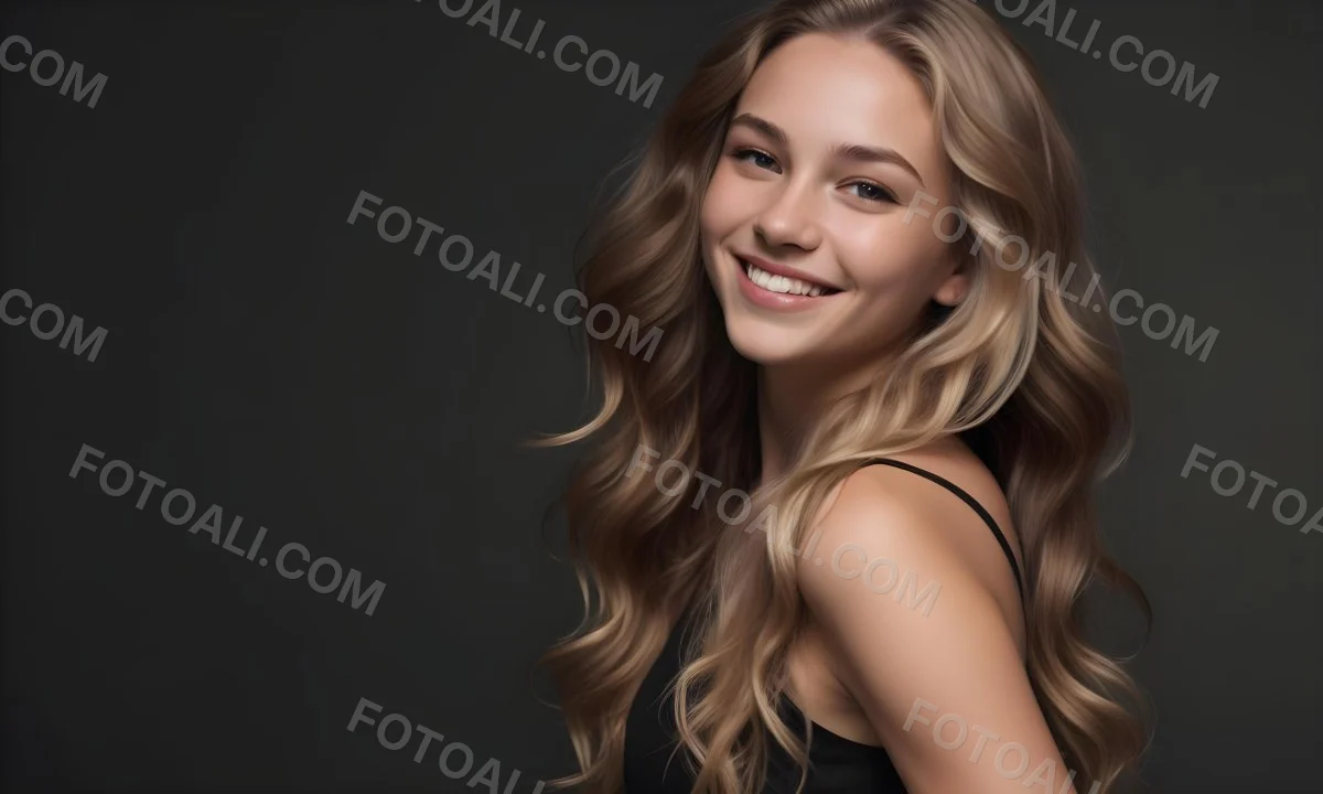 Young Caucasian Woman With Long Wavy Blonde Hair And Dark Skin Smiling Softly She Is Wearing A Black Top And Is Positioned Against A Dark Background 90 82dc