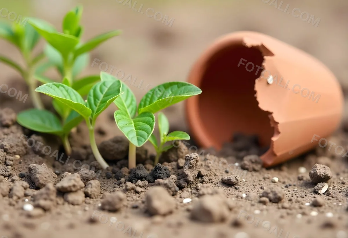 Young Green Plants Sprouting From Soil With A Broken Terracotta Pot In The Background 3 B1db