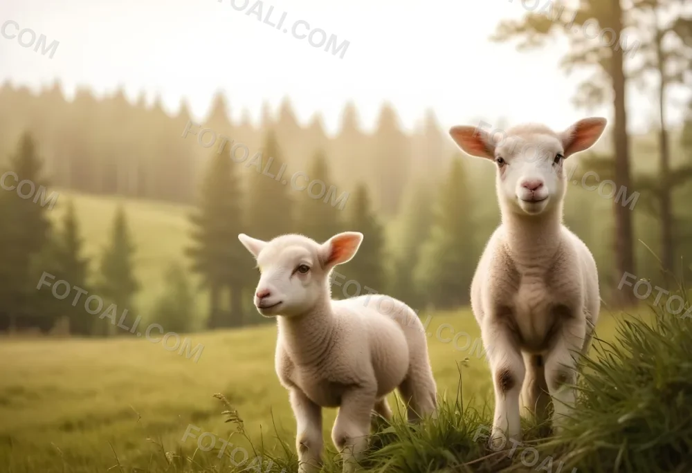 Young Lambs Standing In A Grassy Field With A Forest In The Background 2