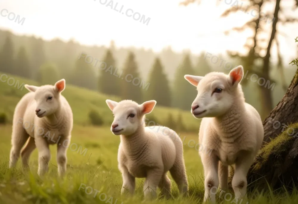 Young Lambs Standing In A Grassy Field With A Forest In The Background 3 C6d8