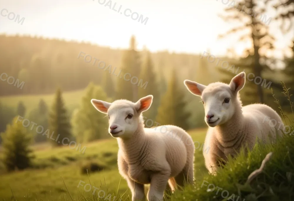 Young Lambs Standing In A Grassy Field With A Forest In The Background 4