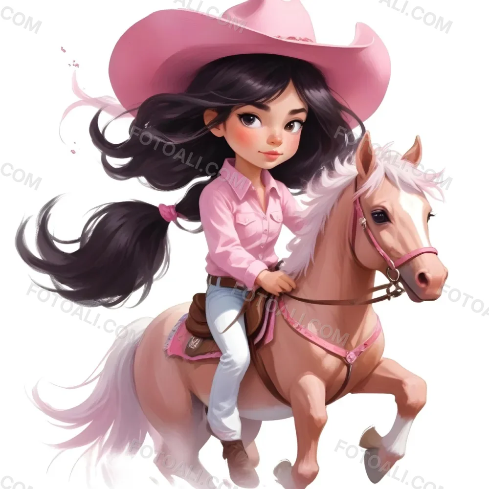 Young Latina Girl With Long Dark Hair Wearing A Cowgirl Hat And Pink Shirt Riding A White And Pink Unicorn In A Desert Setting With Cacti 13 1099