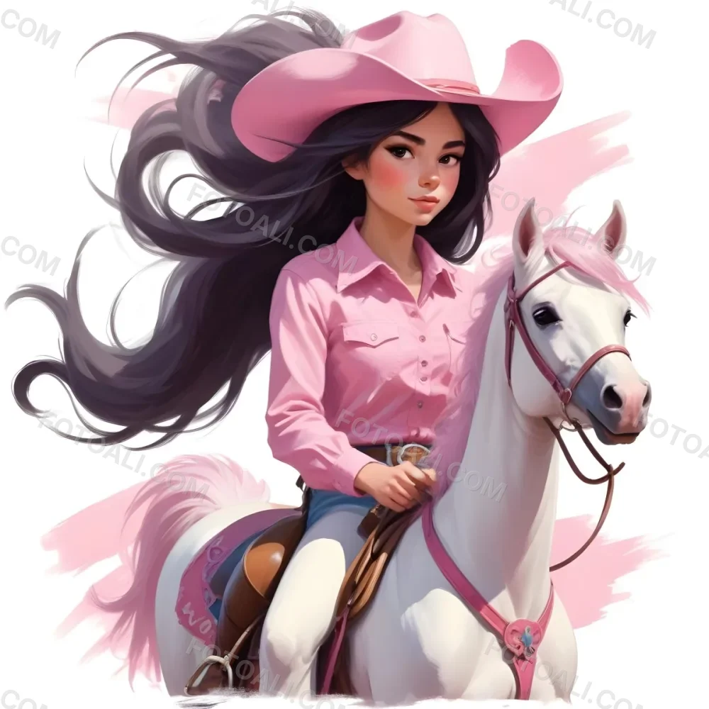 Young Latina Girl With Long Dark Hair Wearing A Cowgirl Hat And Pink Shirt Riding A White And Pink Unicorn In A Desert Setting With Cacti 14 586d