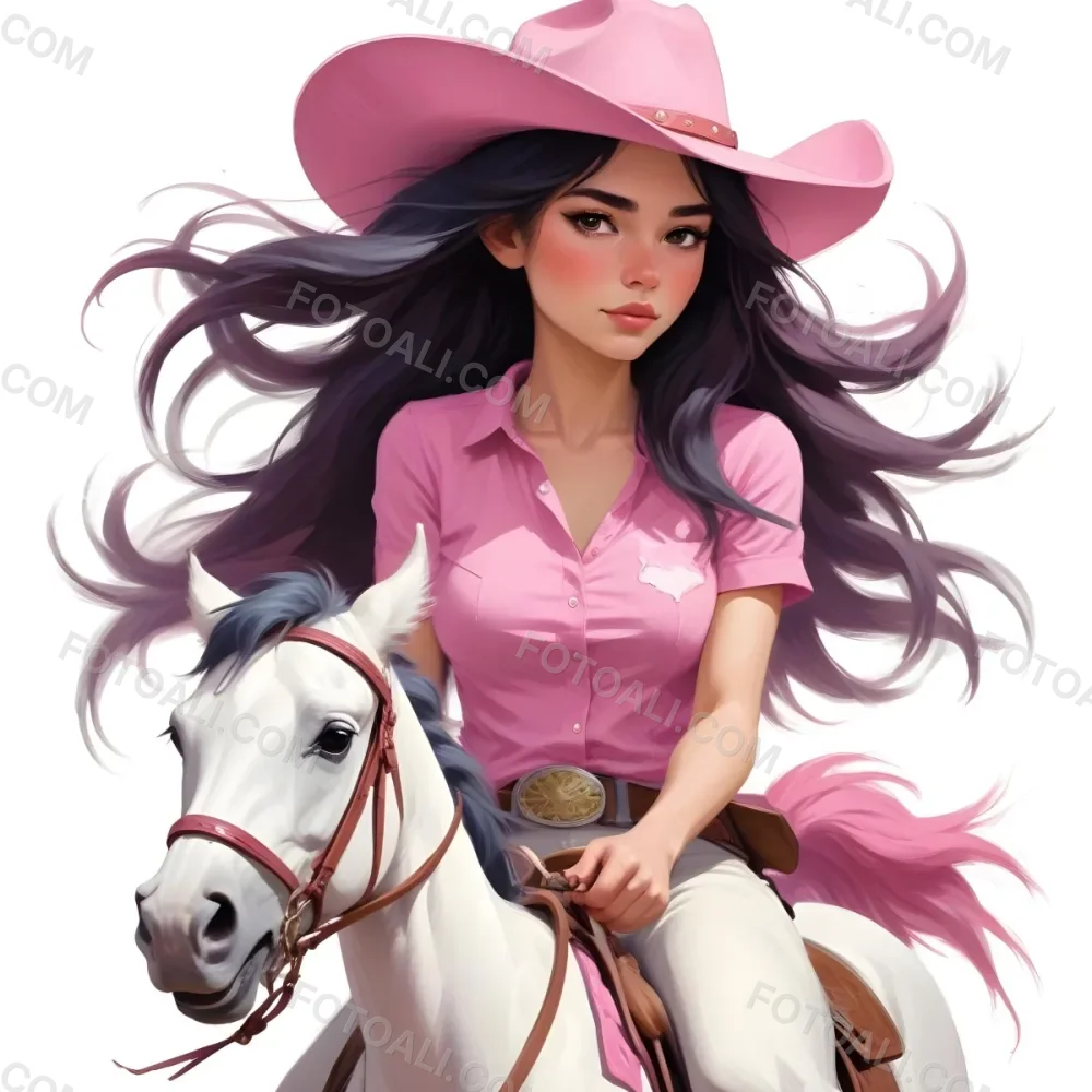 Young Latina Girl With Long Dark Hair Wearing A Cowgirl Hat And Pink Shirt Riding A White And Pink Unicorn In A Desert Setting With Cacti 15 C21e