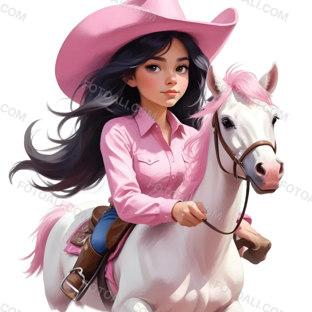 Young Latina Girl With Long Dark Hair Wearing A Cowgirl Hat And Pink Shirt Riding A White And Pink Unicorn In A Desert Setting With Cacti 19 857e