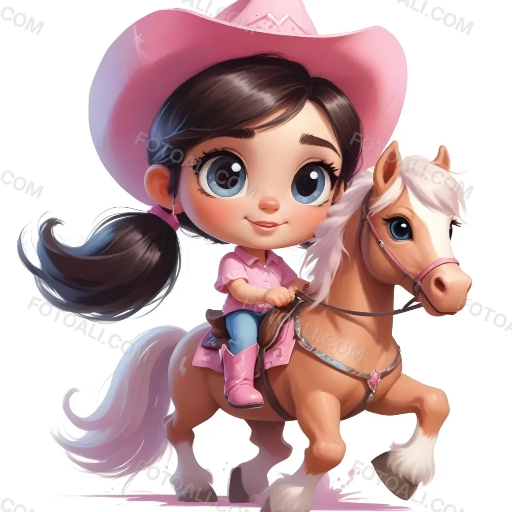 Young Latina Girl With Long Dark Hair Wearing A Cowgirl Hat And Pink Shirt Riding A White And Pink Unicorn In A Desert Setting With Cacti 2 42e9