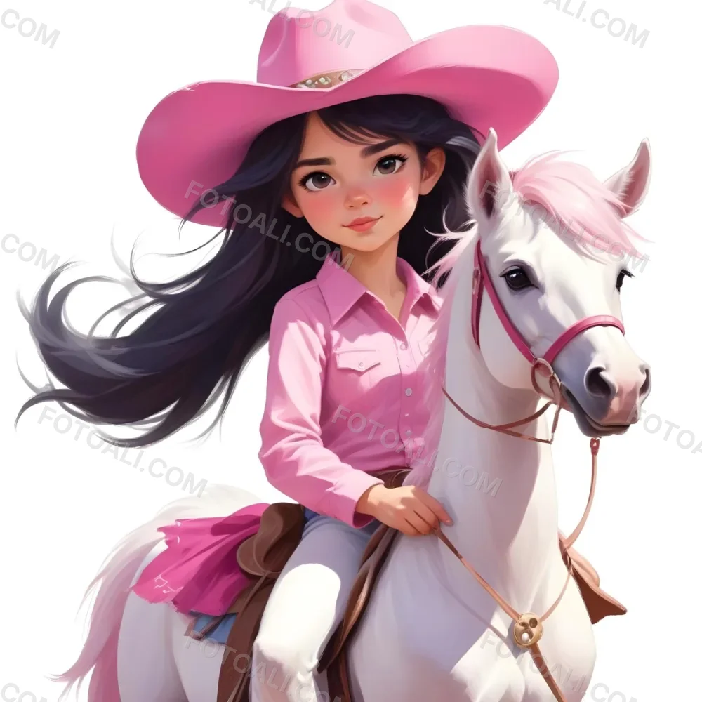 Young Latina Girl With Long Dark Hair Wearing A Cowgirl Hat And Pink Shirt Riding A White And Pink Unicorn In A Desert Setting With Cacti 22 1ad4