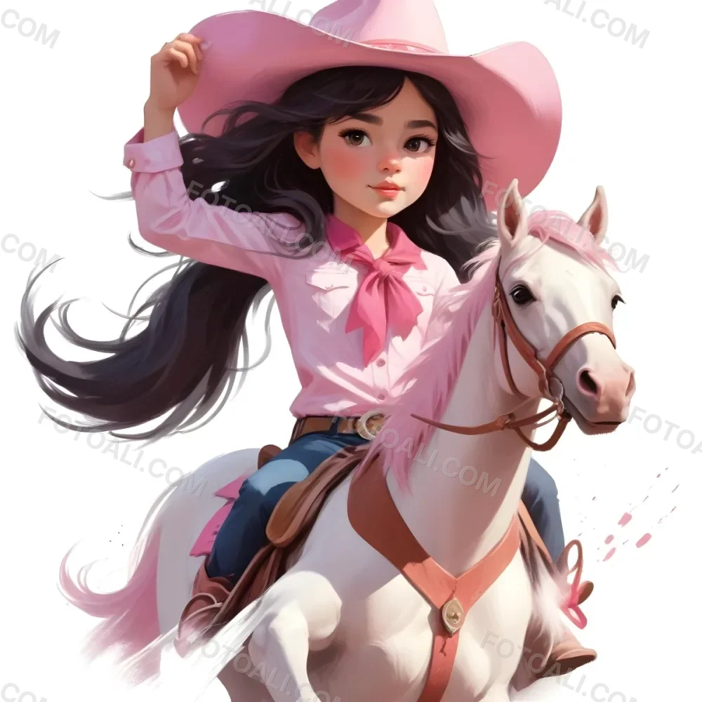 Young Latina Girl With Long Dark Hair Wearing A Cowgirl Hat And Pink Shirt Riding A White And Pink Unicorn In A Desert Setting With Cacti 24 6547