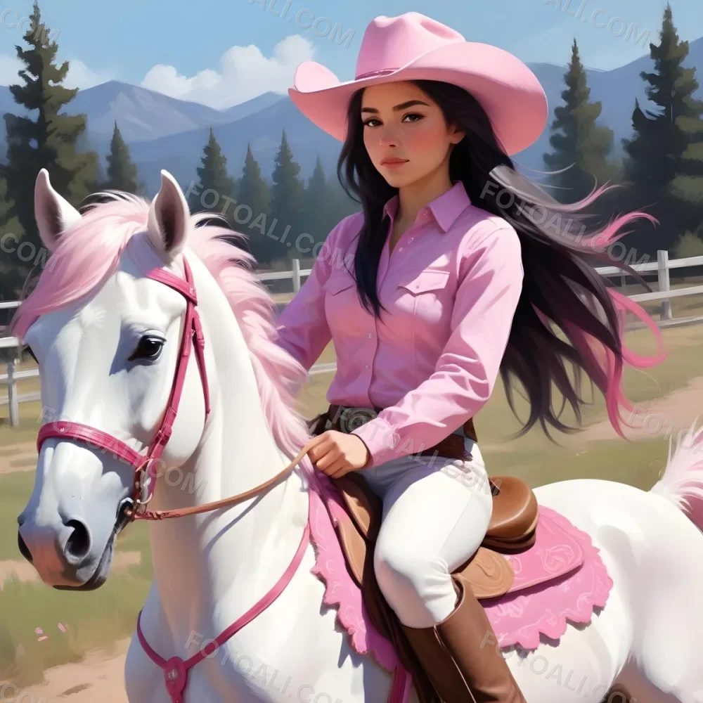 Young Latina Girl With Long Dark Hair Wearing A Cowgirl Hat And Pink Shirt Riding A White And Pink Unicorn In A Desert Setting With Cacti 27 388d