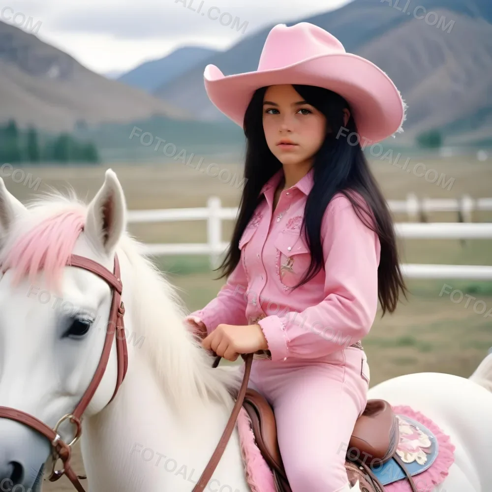 Young Latina Girl With Long Dark Hair Wearing A Cowgirl Hat And Pink Shirt Riding A White And Pink Unicorn In A Desert Setting With Cacti 3 09f8