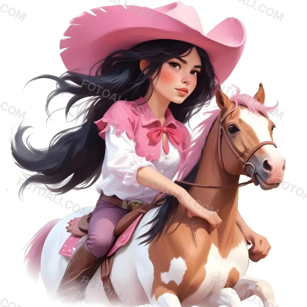 Young Latina Girl With Long Dark Hair Wearing A Cowgirl Hat And Pink Shirt Riding A White And Pink Unicorn In A Desert Setting With Cacti 31 972c