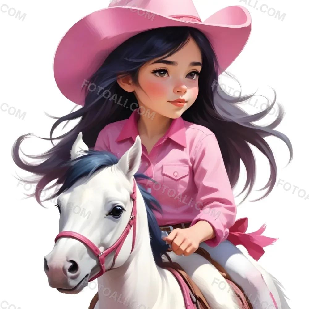 Young Latina Girl With Long Dark Hair Wearing A Cowgirl Hat And Pink Shirt Riding A White And Pink Unicorn In A Desert Setting With Cacti 38 28bf