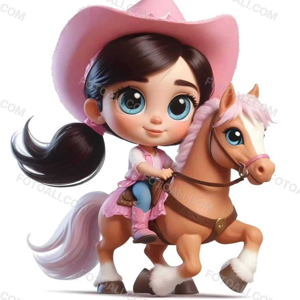 Young Latina Girl With Long Dark Hair Wearing A Cowgirl Hat And Pink Shirt Riding A White And Pink Unicorn In A Desert Setting With Cacti 5 6dc3