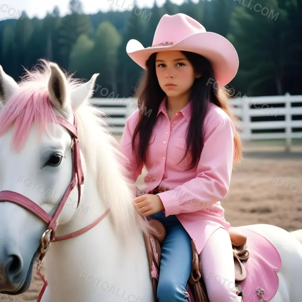Young Latina Girl With Long Dark Hair Wearing A Cowgirl Hat And Pink Shirt Riding A White And Pink Unicorn In A Desert Setting With Cacti 6 13db