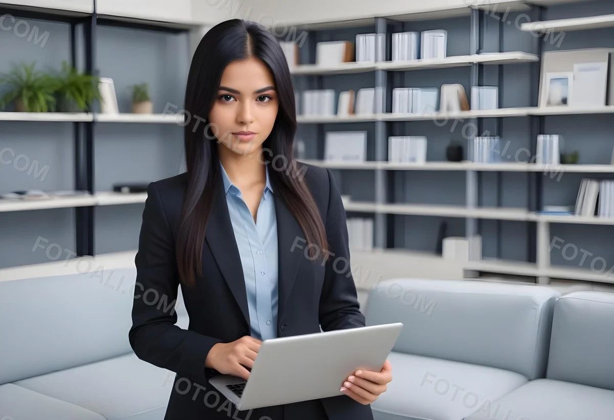 Young Woman Approximately 25 Years Old With Light Brown Skin And Long Straight Black Hair Wearing A Black Suit Over A Light Blue Shirt Holding A Silver Laptop Close To Her Chest The Background Features A Modern Office 93d1