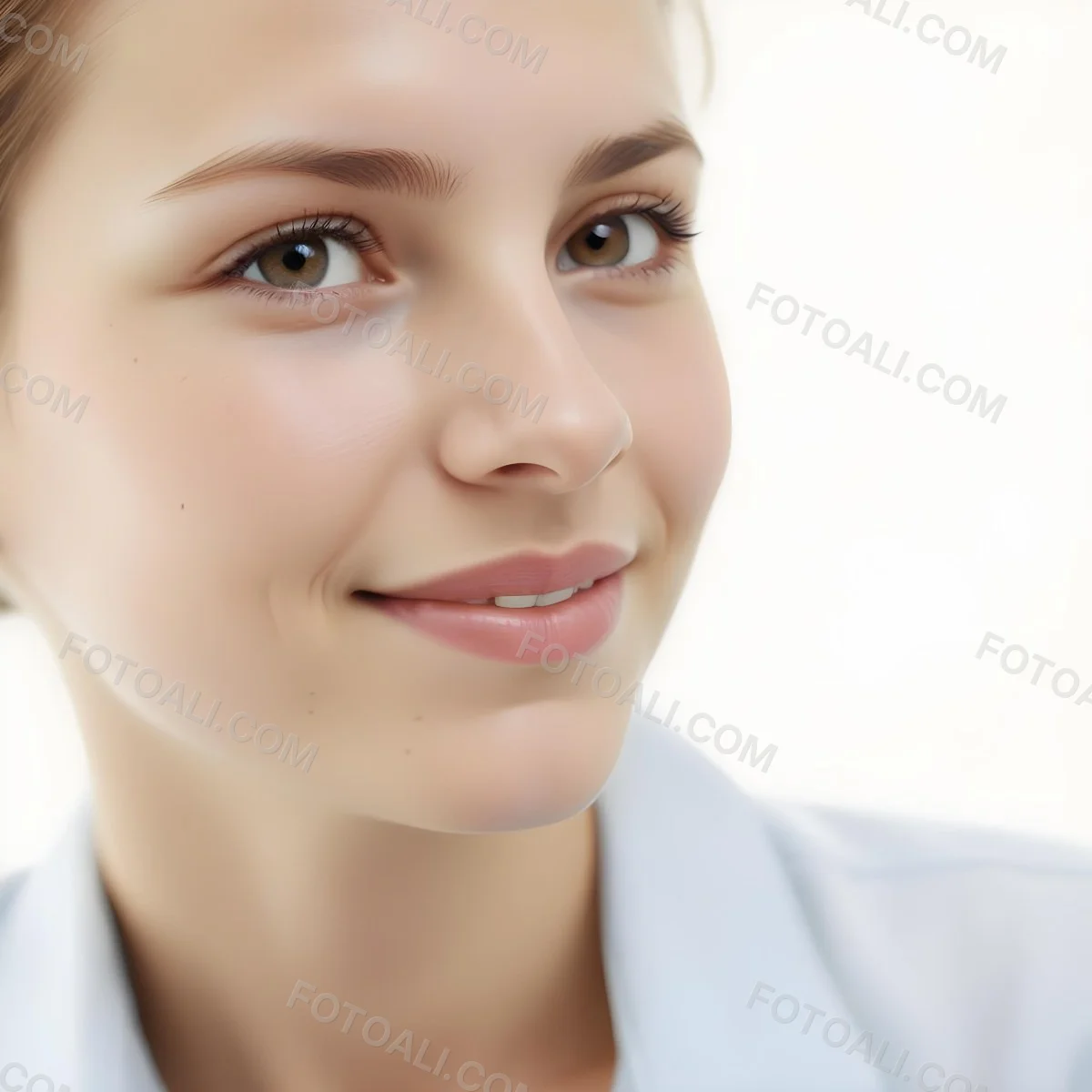 Young Woman Of Caucasian Descent Approximately 25 Years Old With Light Brown Hair And A Slight Smile She Is Wearing A Light Blue Shirt The Background Is Plain And Light Colored 16 C61a