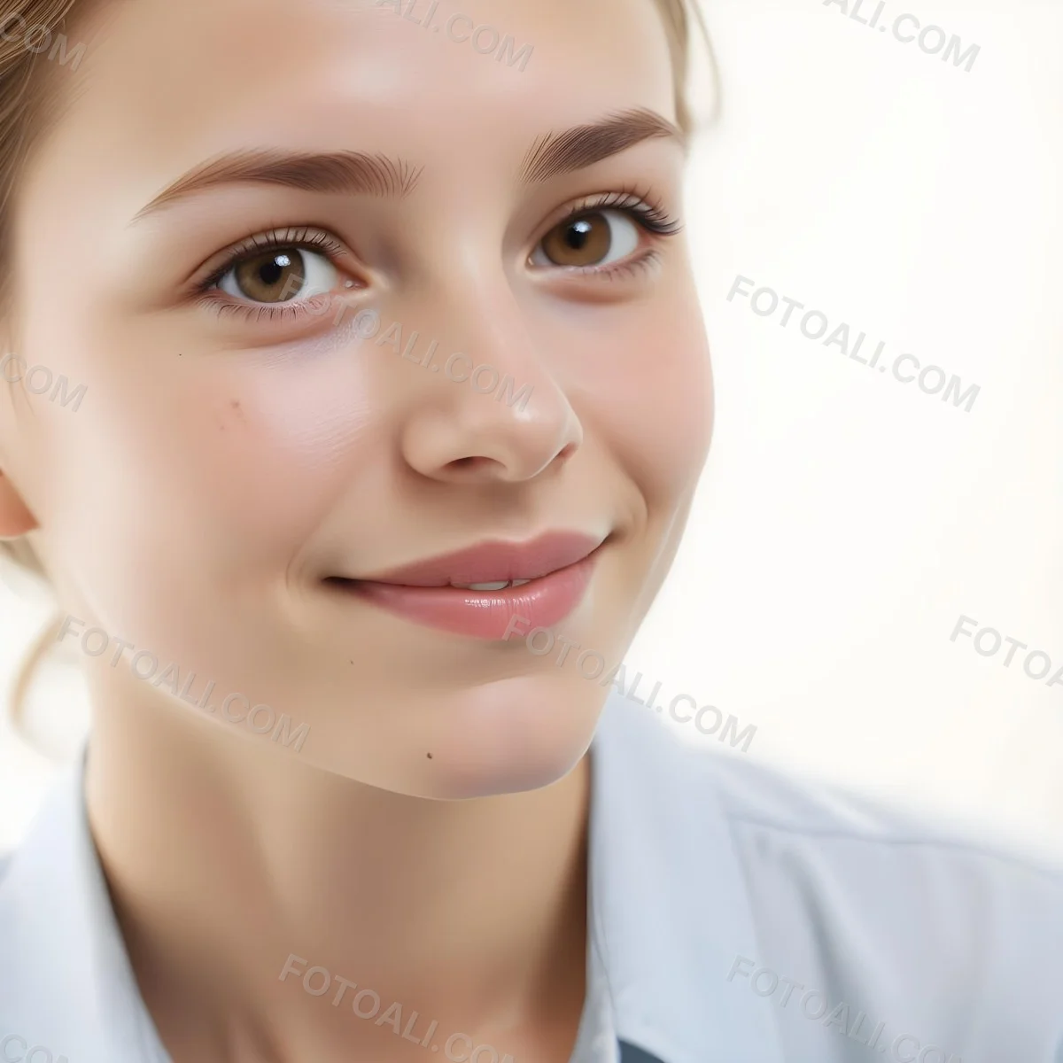 Young Woman Of Caucasian Descent Approximately 25 Years Old With Light Brown Hair And A Slight Smile She Is Wearing A Light Blue Shirt The Background Is Plain And Light Colored 22 583f