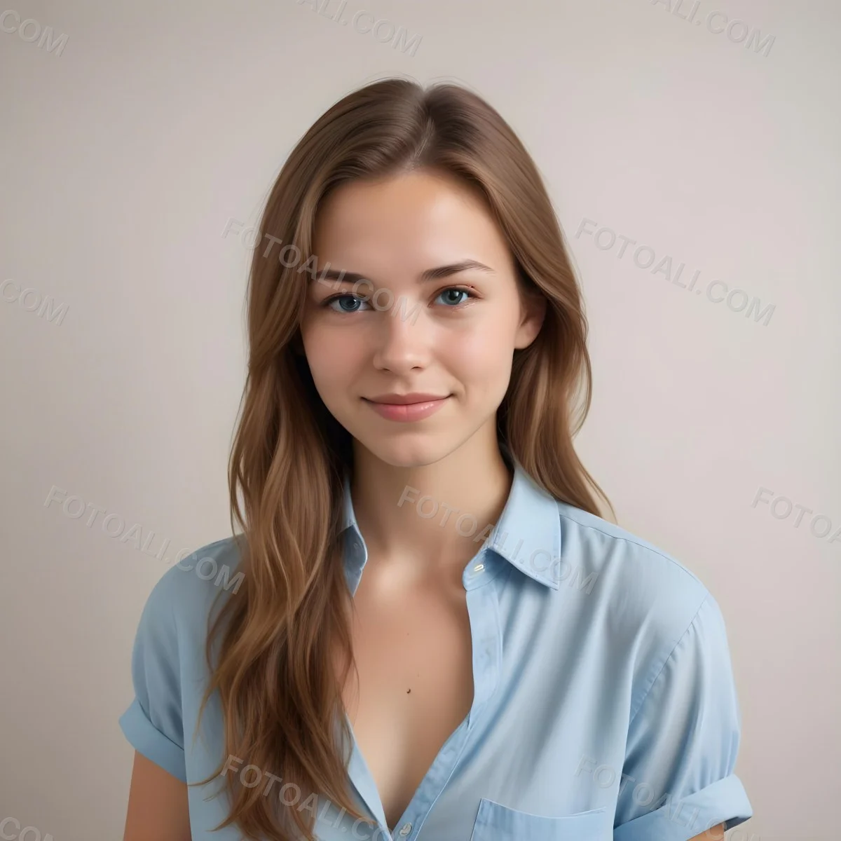 Young Woman Of Caucasian Descent Approximately 25 Years Old With Light Brown Hair And A Slight Smile She Is Wearing A Light Blue Shirt The Background Is Plain And Light Colored 6 8602