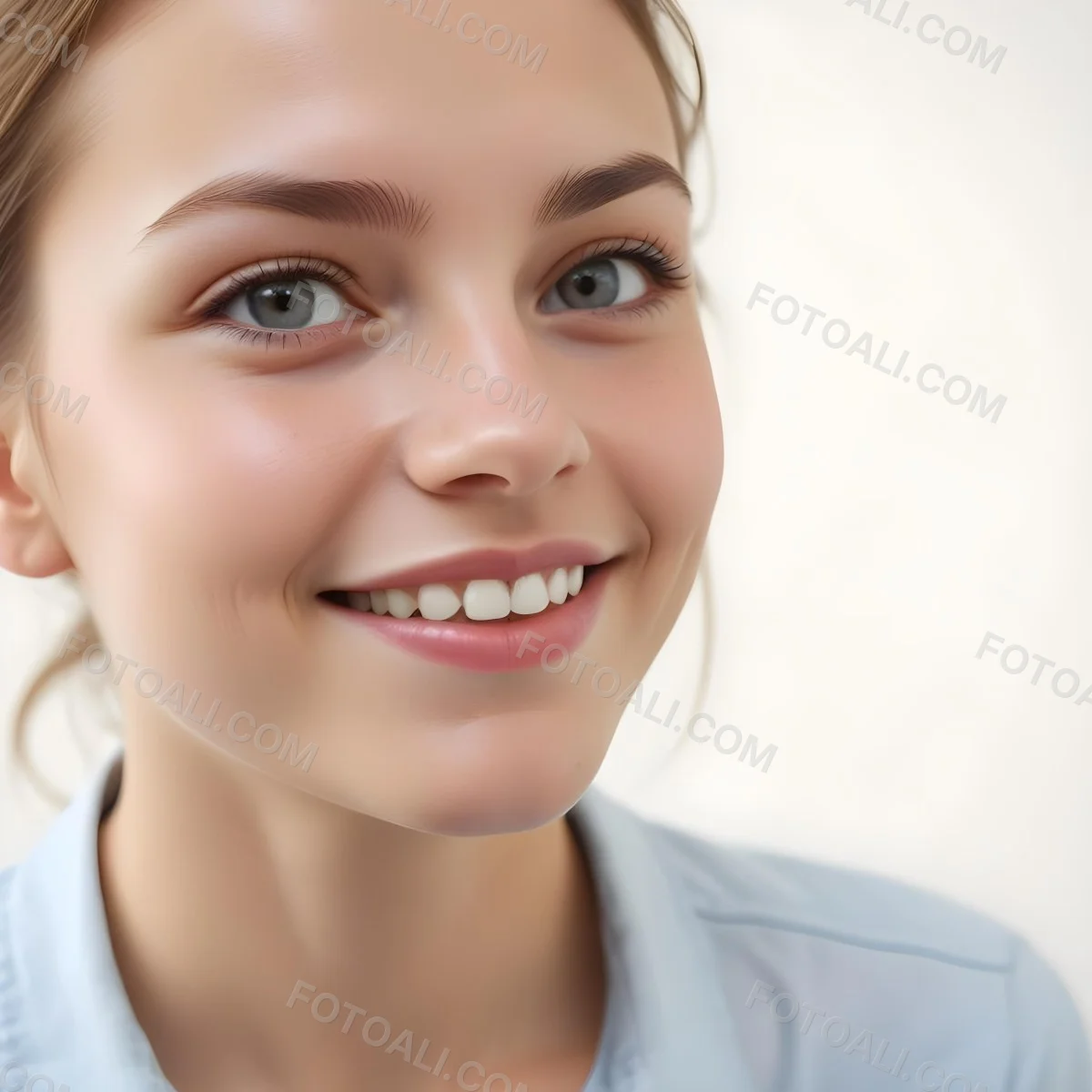 Young Woman Of Caucasian Descent Approximately 25 Years Old With Light Brown Hair And A Slight Smile She Is Wearing A Light Blue Shirt The Background Is Plain And Light Colored 9 B152