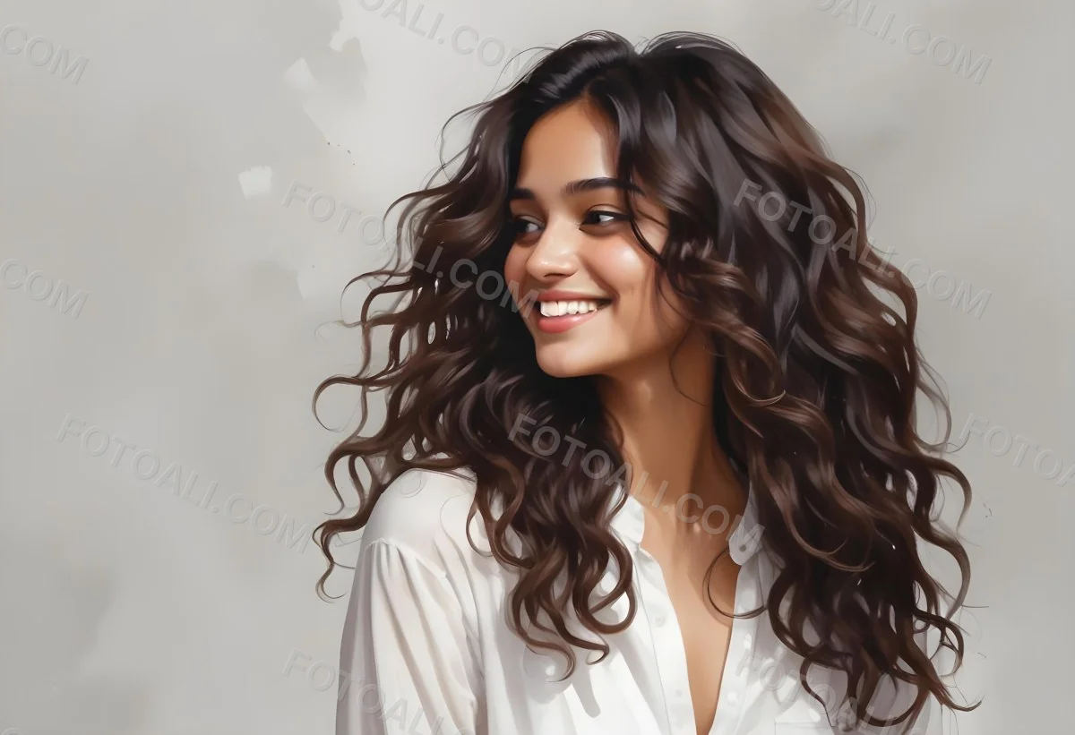 Young Woman Of South Asian Descent With Long Curly Dark Brown Hair Smiling Softly She Is Wearing A White Blouse And Has A Light Background 15 24b9