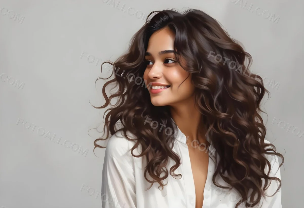 Young Woman Of South Asian Descent With Long Curly Dark Brown Hair Smiling Softly She Is Wearing A White Blouse And Has A Light Background 17 577f