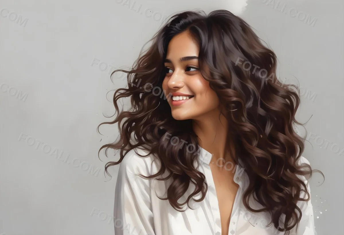 Young Woman Of South Asian Descent With Long Curly Dark Brown Hair Smiling Softly She Is Wearing A White Blouse And Has A Light Background 19 B137