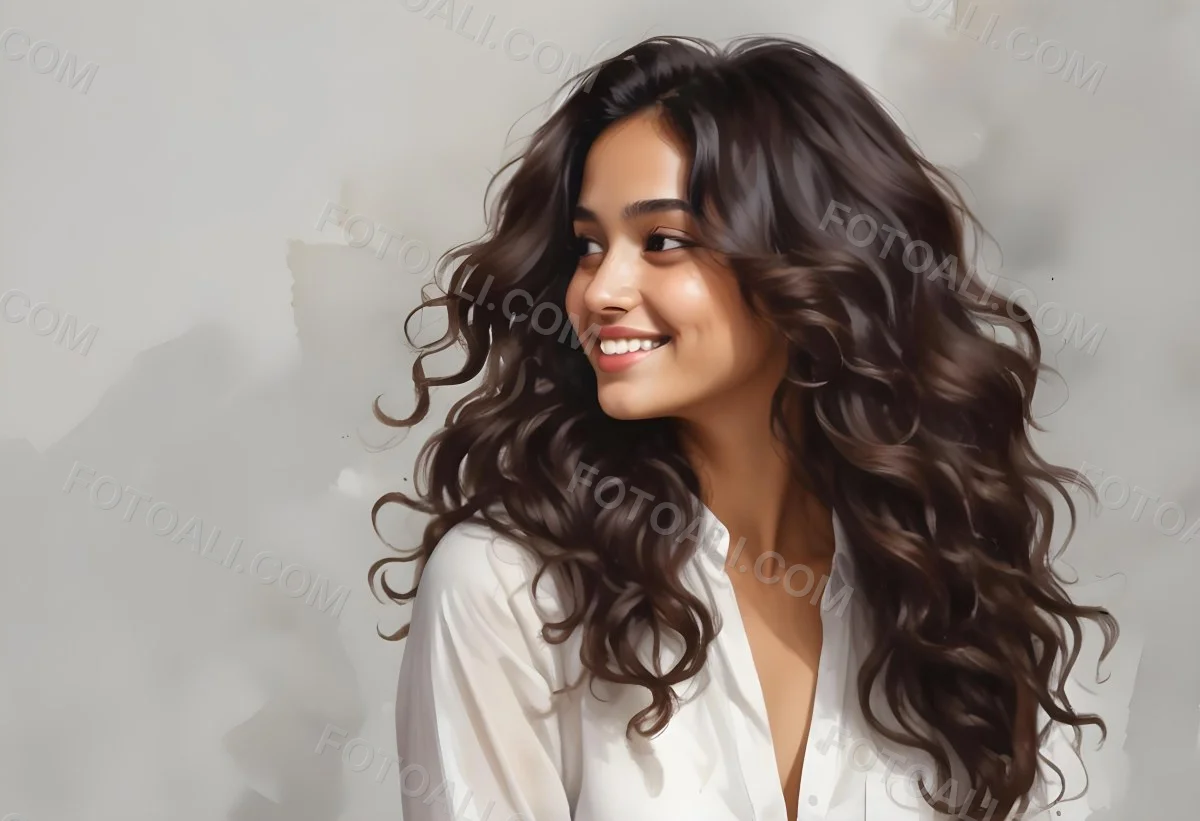 Young Woman Of South Asian Descent With Long Curly Dark Brown Hair Smiling Softly She Is Wearing A White Blouse And Has A Light Background 20 A98c