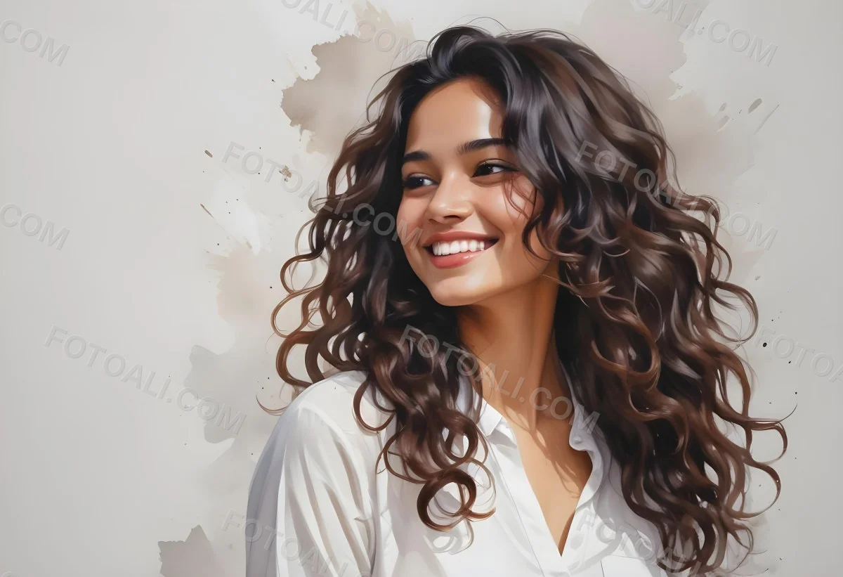 Young Woman Of South Asian Descent With Long Curly Dark Brown Hair Smiling Softly She Is Wearing A White Blouse And Has A Light Background 24 4f14