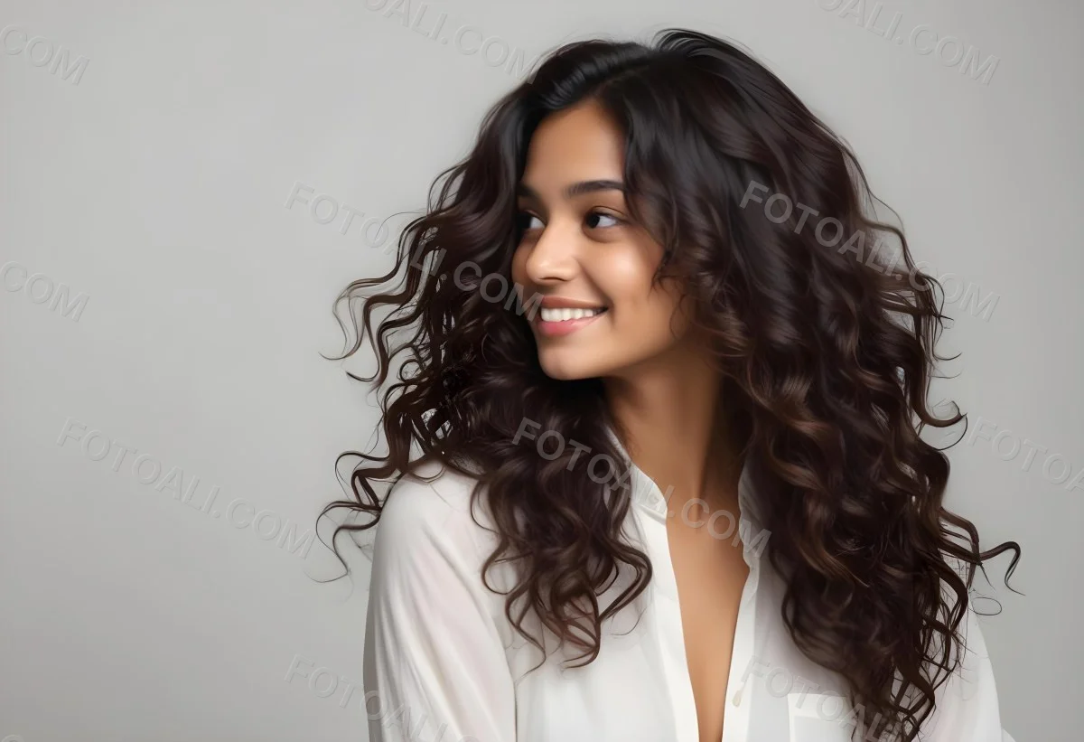 Young Woman Of South Asian Descent With Long Curly Dark Brown Hair Smiling Softly She Is Wearing A White Blouse And Has A Light Background 28 703c