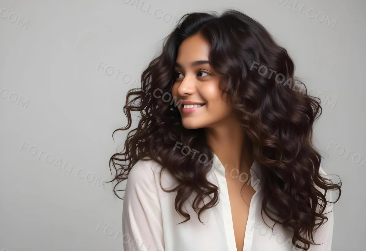 Young Woman Of South Asian Descent With Long Curly Dark Brown Hair Smiling Softly She Is Wearing A White Blouse And Has A Light Background 31 Dc6f